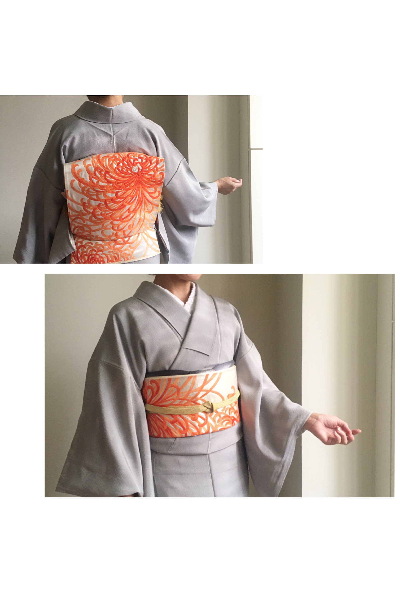 控えめに一つ紋の色無地に菊の刺繍が華やかな袋帯