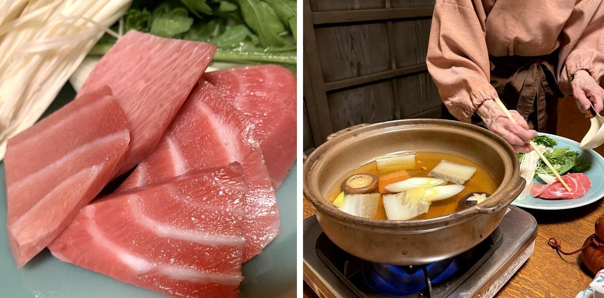 お野菜に続いて、鮪をお鍋に投入