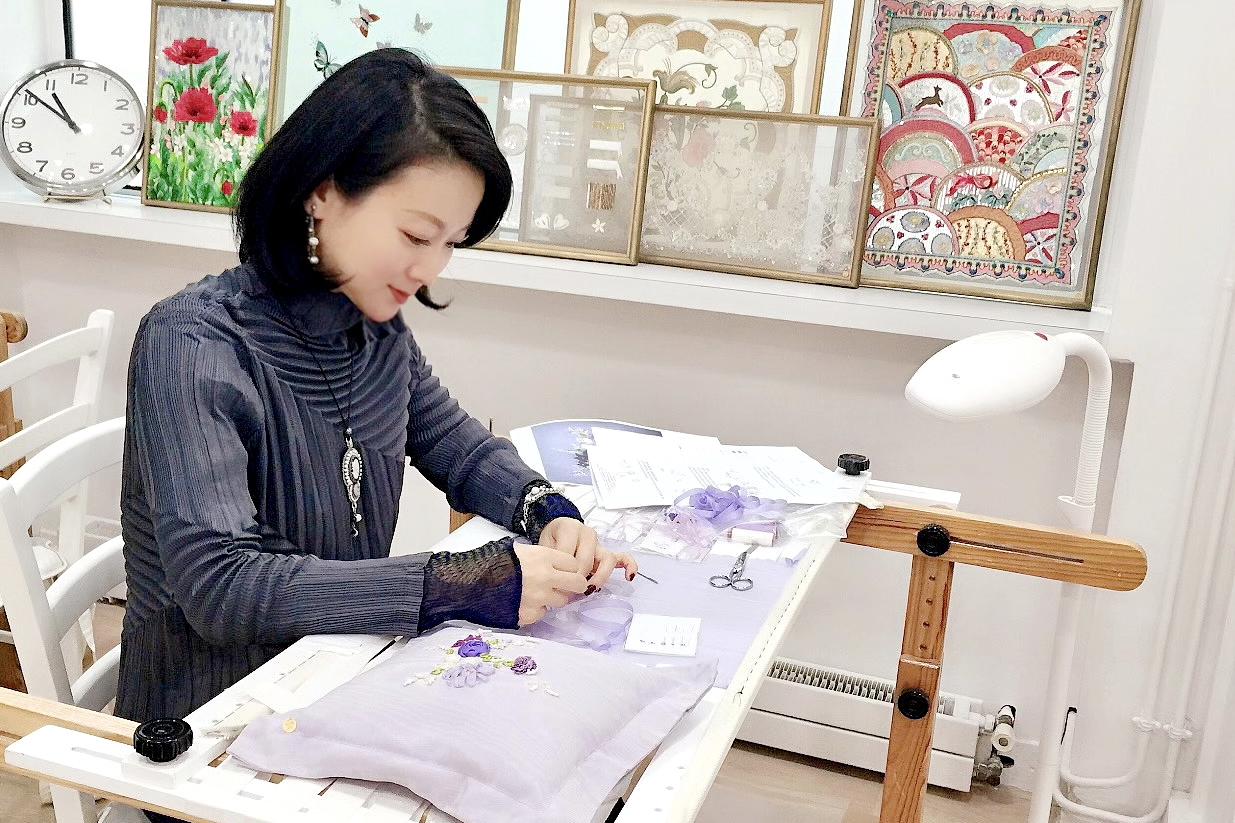 Junko Sophie doing haute couture embroidery