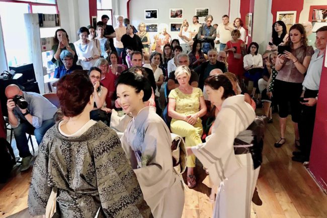 Presenting her "The Beauty of Kimono’ demonstration in Milano, Italy
