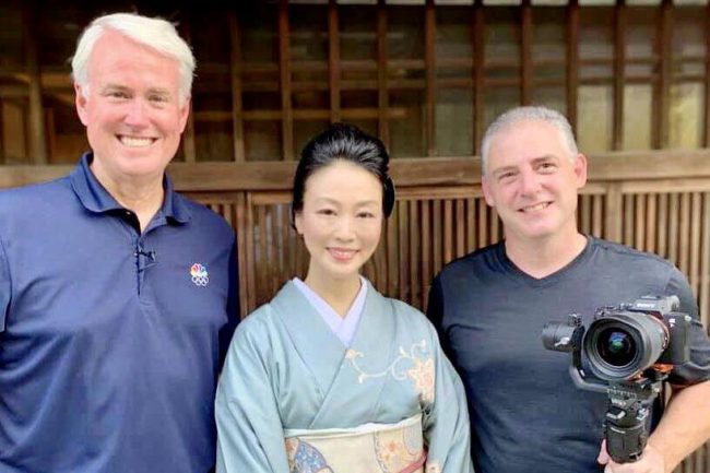 With the anchor and staff of NBC Television during the filming of an Olympic feature program