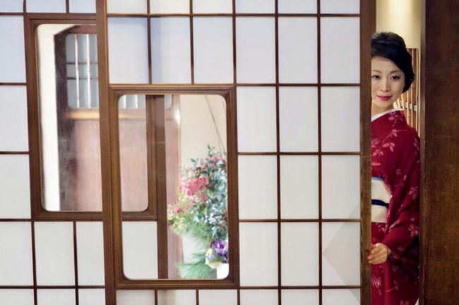 Junko Sophie wearing a kimono in a location used for the film classic "Tokyo Story," by film director Yasujiro Ozu.