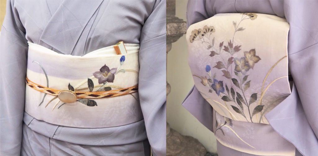 桔梗と女郎花が刺繍されたアンティークの帯。