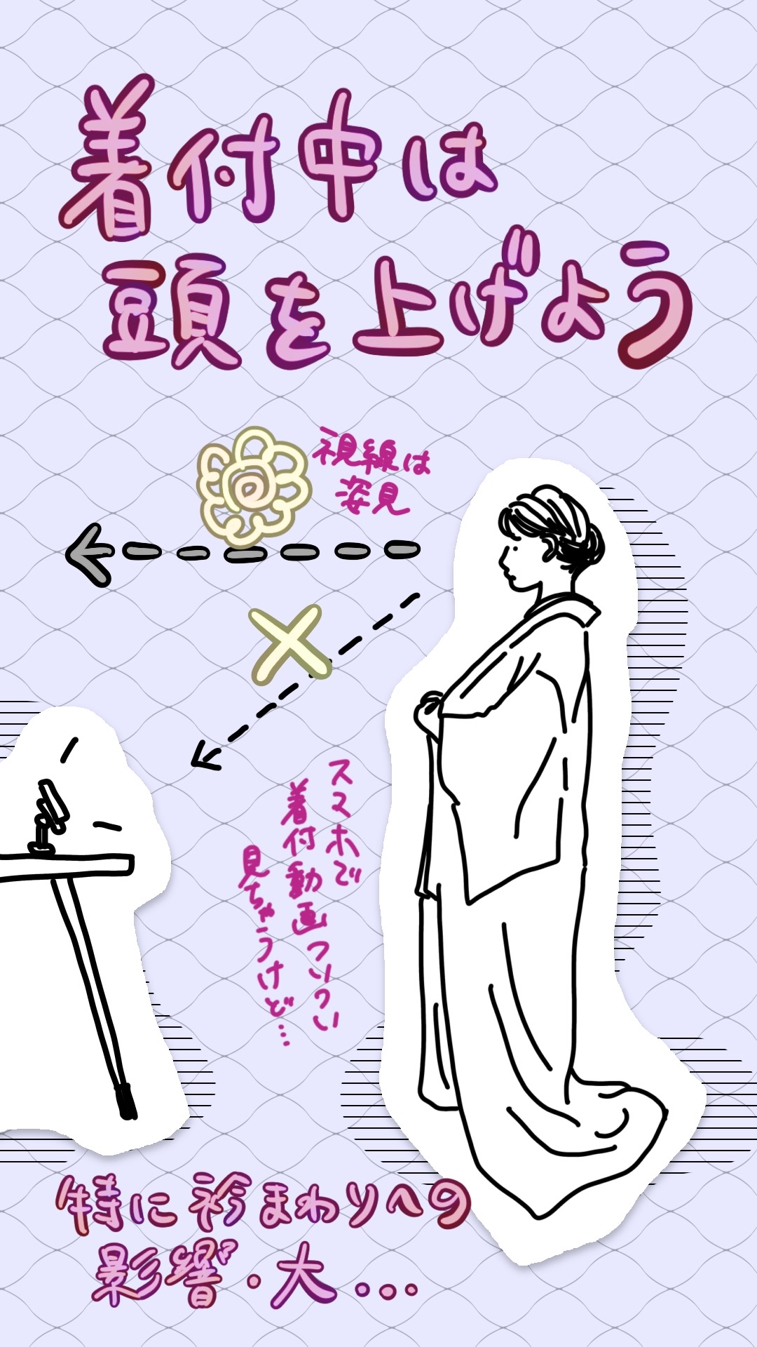 スマートフォンで動画を見ながら着物を着付けている女性