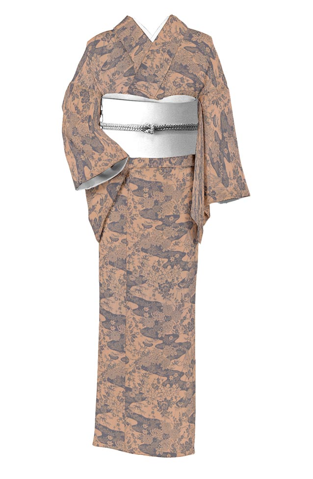 【人間国宝 故・南部芳松】重要無形文化財伊勢型師 (仕立て上がり・中古品) 創作正絹型染小紋 「花草波文」 ☆シックで素敵!大人のお出かけ小紋! 身丈149 裄62.5