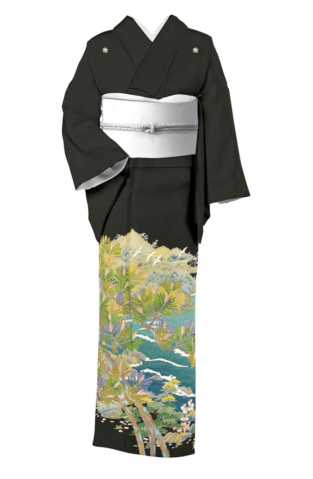 【詳細不明作家物】 （仕立て上がり・中古品） 正絹手加工友禅黒留袖 「渓流の松並木」 ☆良き日の装いに 身丈151.5　裄62.5