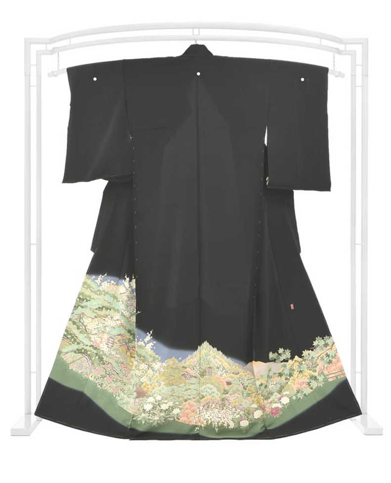 4908 黒留袖着物 単品 結婚式 横山大観 富士山 正絹 紋付 下がり藤
