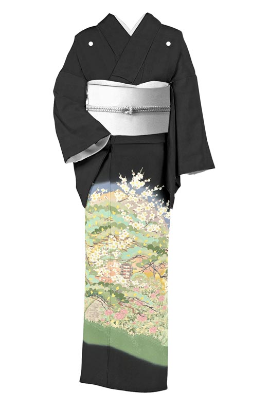 4908 黒留袖着物 単品 結婚式 横山大観 富士山 正絹 紋付 下がり藤