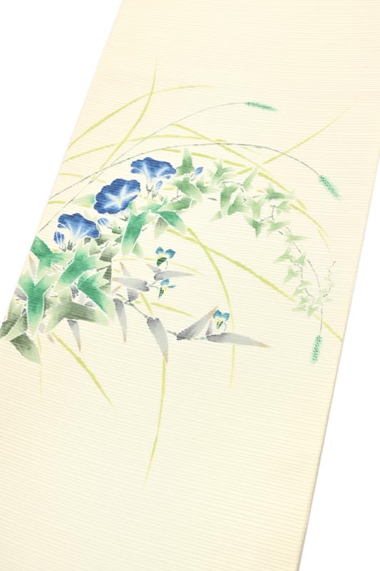 【単衣・夏帯】 【藤理工芸】 特選本手描き京友禅絽袋帯 (帯芯つき) 「朝顔」 滅多とない希少品!! ワンランク上の夏の楽しみを!!