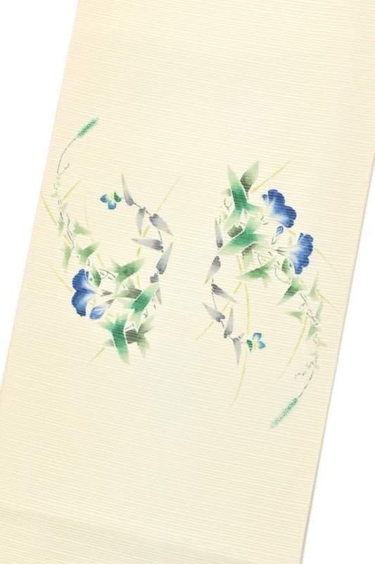 【単衣・夏帯】 【藤理工芸】 特選本手描き京友禅絽袋帯 (帯芯つき) 「朝顔」 滅多とない希少品!! ワンランク上の夏の楽しみを!!