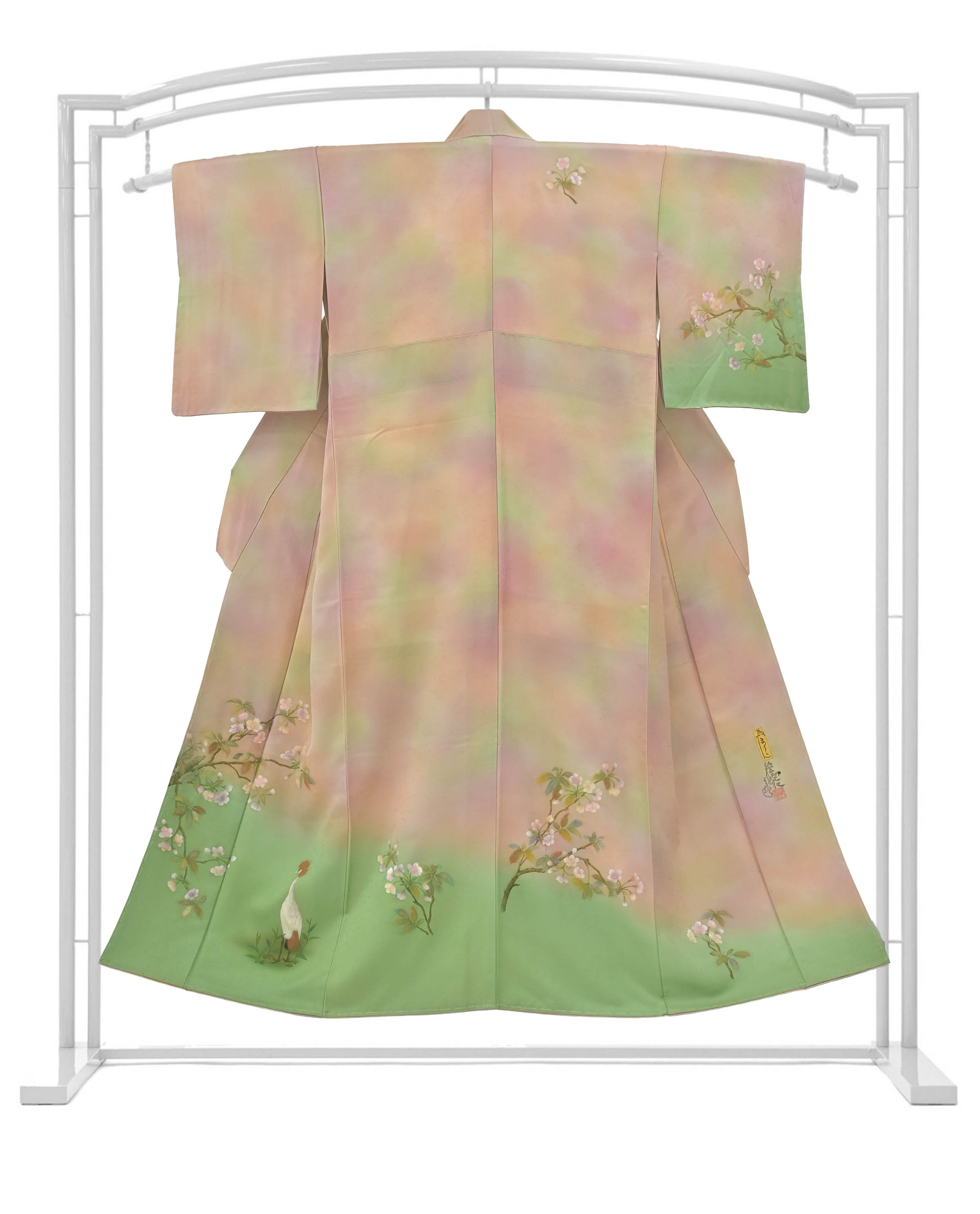 ☆ 【和紙染作家　横山優　】 特選創作訪問着 ≪御仕立て上がり・中古美品≫ 「桜に冠鶴」 幻想的なお色の移ろい… 身丈154　裄66.6