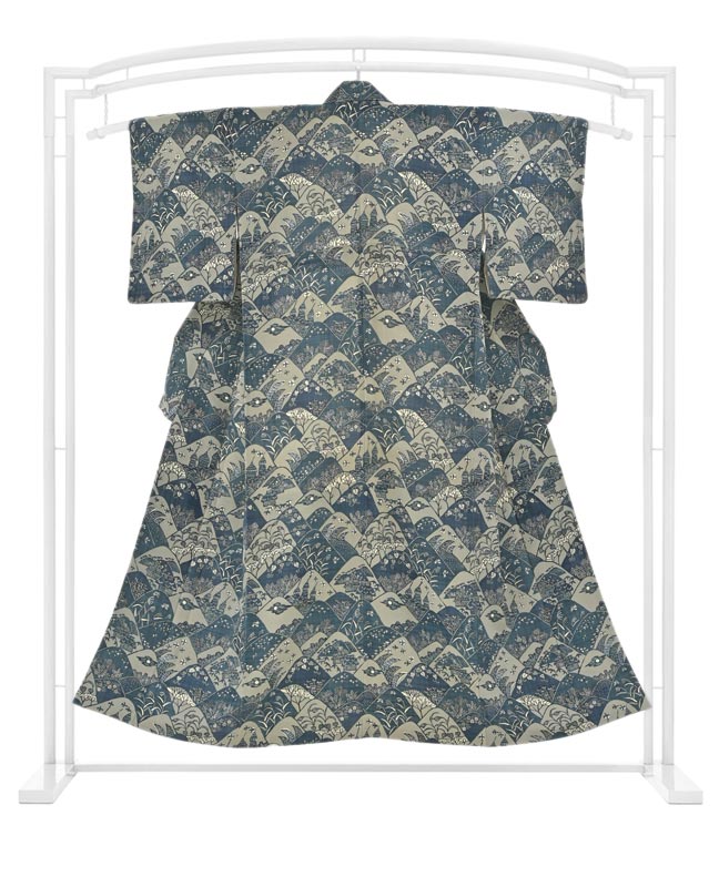 【古典調大人小紋】 (仕立て上がり・中古品) 創作正絹紅型調小紋 「遠山取茶屋辻文」 ☆風情たっぷり!演練味わいの洒落小紋! 身丈154.5 裄64