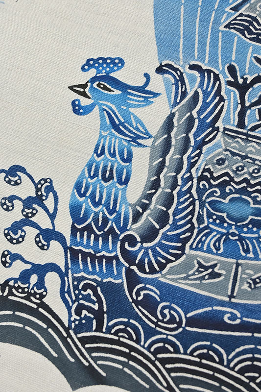 【日本工芸会正会員 城間栄順】 特選本場琉球紅型九寸名古屋帯 本場久米島紬地 「宝船」 受け継がれた琉球の伝統技! なんと希少な久米島紬地!