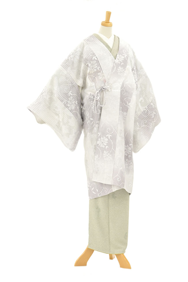 その他サービス | 福利厚生 仕立て上がり】 正絹紋紗道中着 「唐草花・白/藤鼠色」 大切なお 着物・浴衣