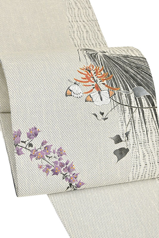 【大島紬美術館】 特選友禅両面袋帯 ※帯芯付き 「梯梧に蝶/花織模様」 琉球より伝わる装いの表情。