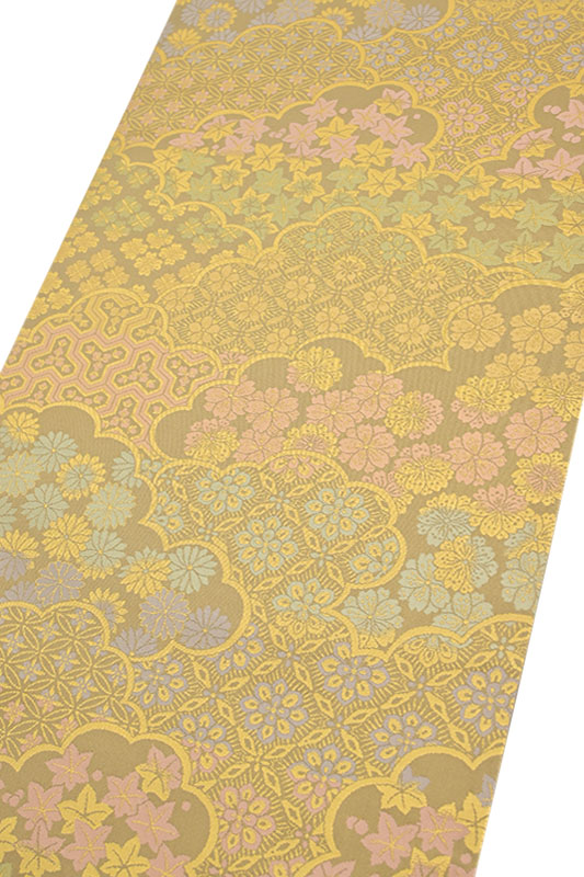 日本製・綿100% 箔屋清兵衛 ウグイス色に花紋の袋帯 着物 | www