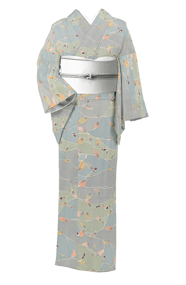 人気の単衣!（仕立て上がり・中古品） 正絹友禅小紋 「みなもの枝葉」 ☆水彩画のようなエレガンス。 身丈158.7　裄67.8
