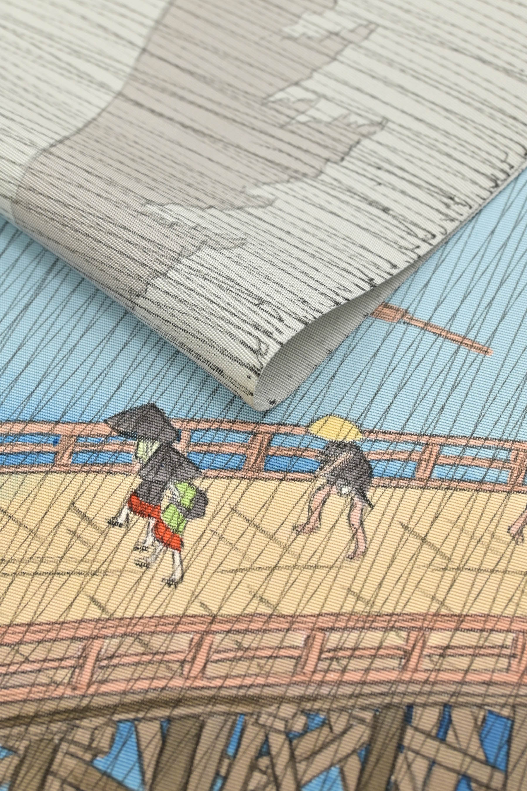 【バイヤー中村別注品】 【有名工芸染匠】 本手描京友禅塩瀬九寸名古屋帯 ＜河藤縮緬・駒塩瀬地＞ 「大はしあたけの夕立」 浮世絵シリーズ！  こだわりの仕上がりをご覧あれ！