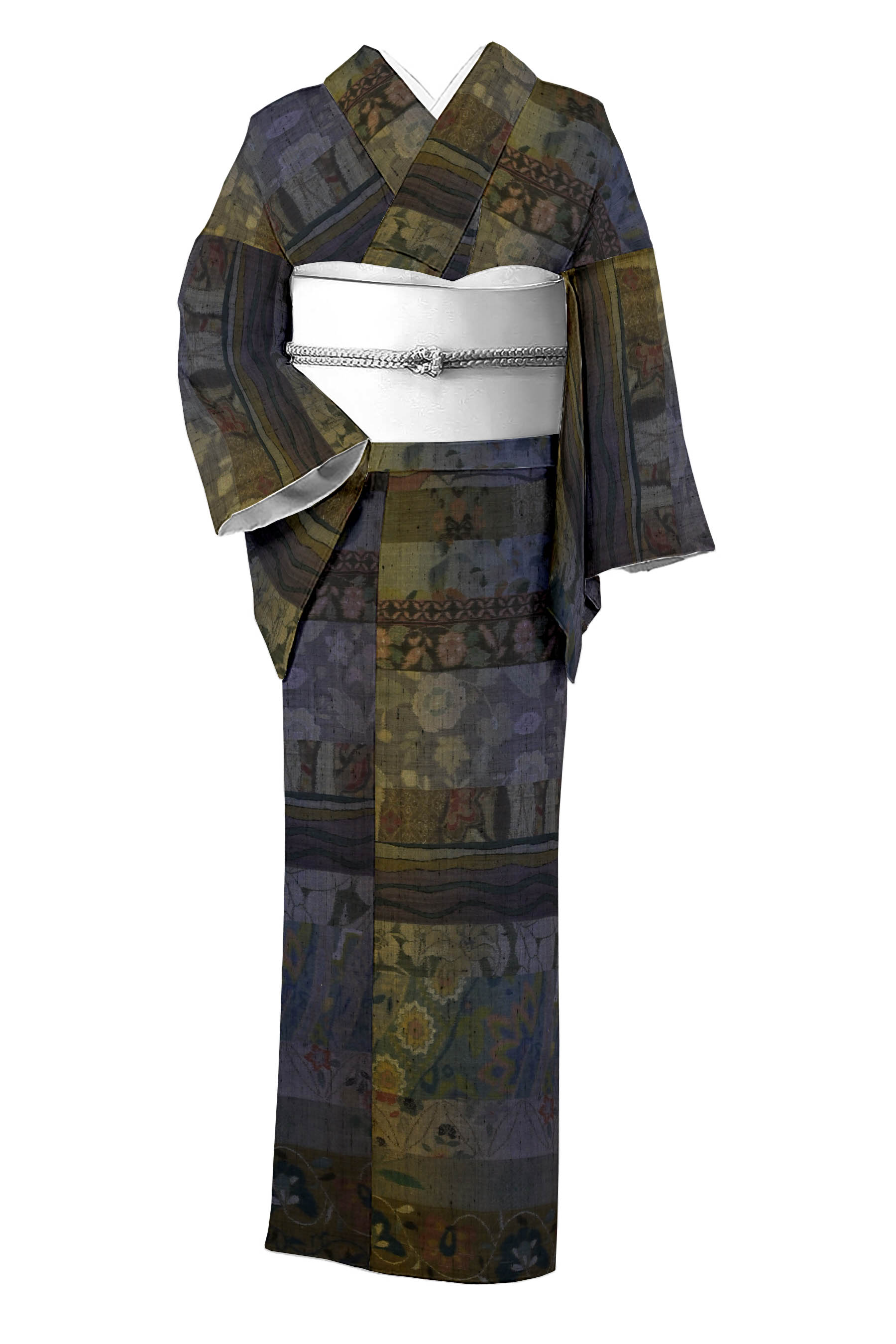 527.【特選】小千谷紬 横段 真綿 絵絣 草花文様 手縫い仕立て