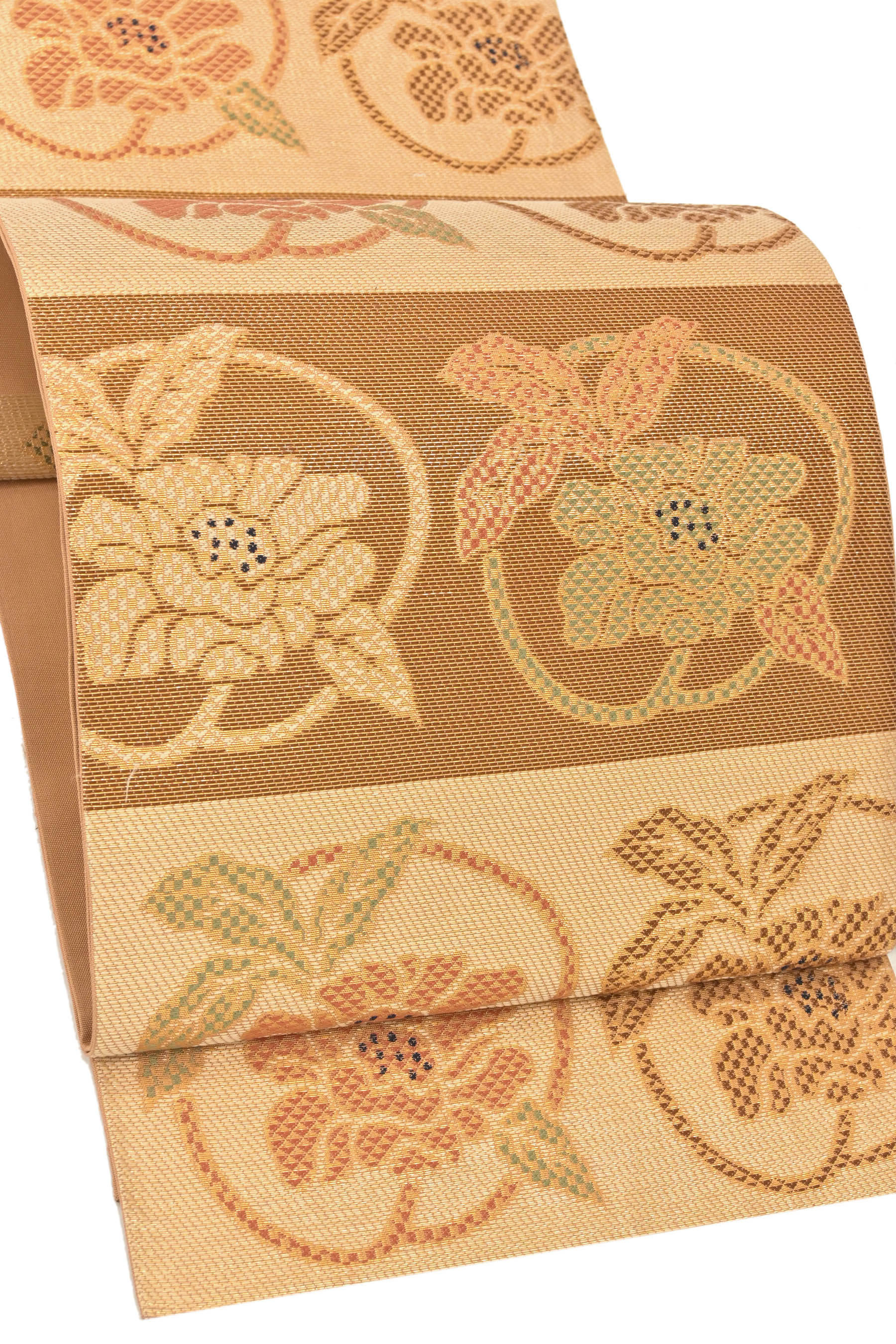 【洛風林×枡屋高尾】 特選傑作本袋帯 「牡丹唐草段文」 （仕・中古品） ≪彩り躍る！超希少のダブルネーム！≫