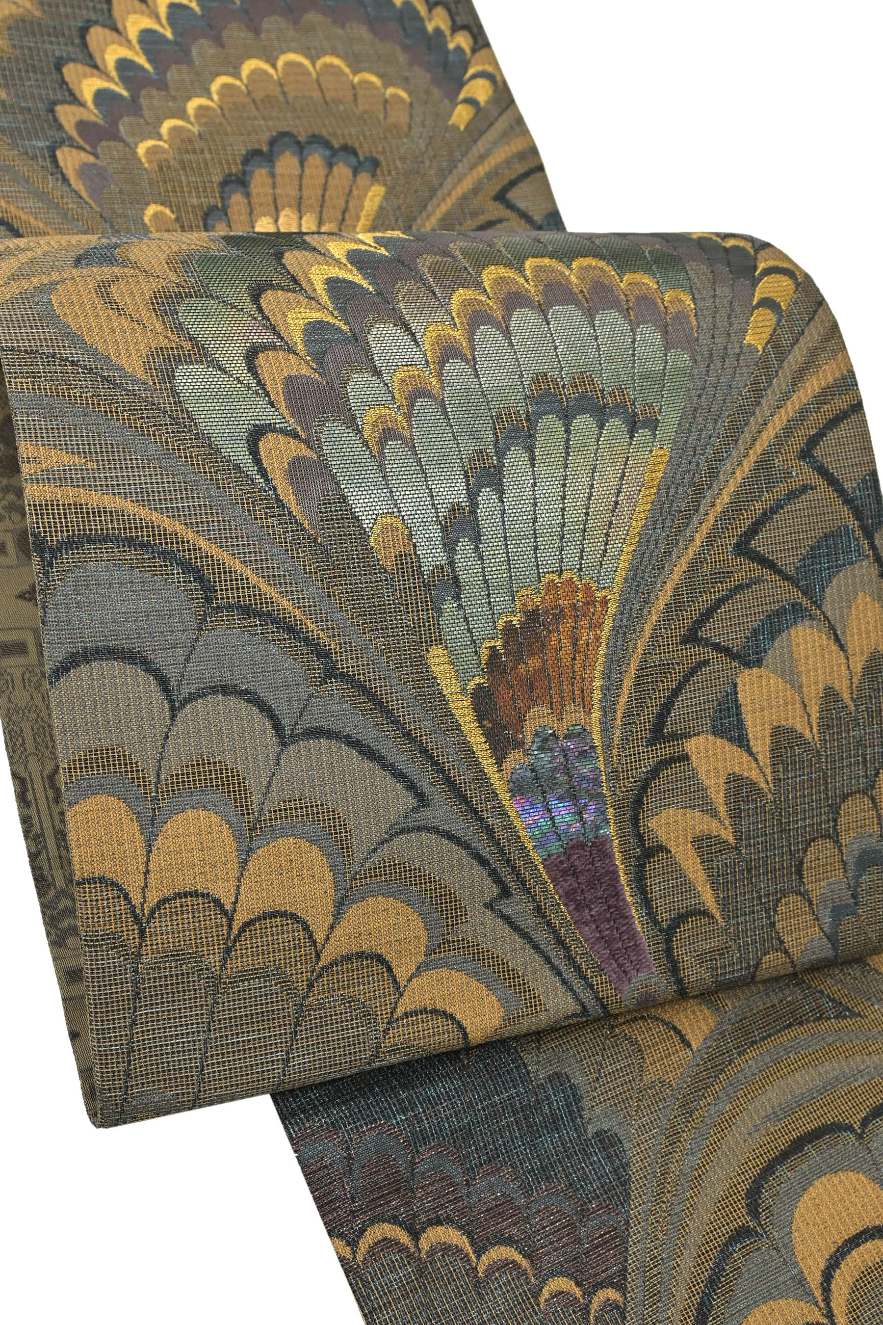 逸品 美品 孔雀の羽根 青銅箔 シルバーブルー 袋帯-