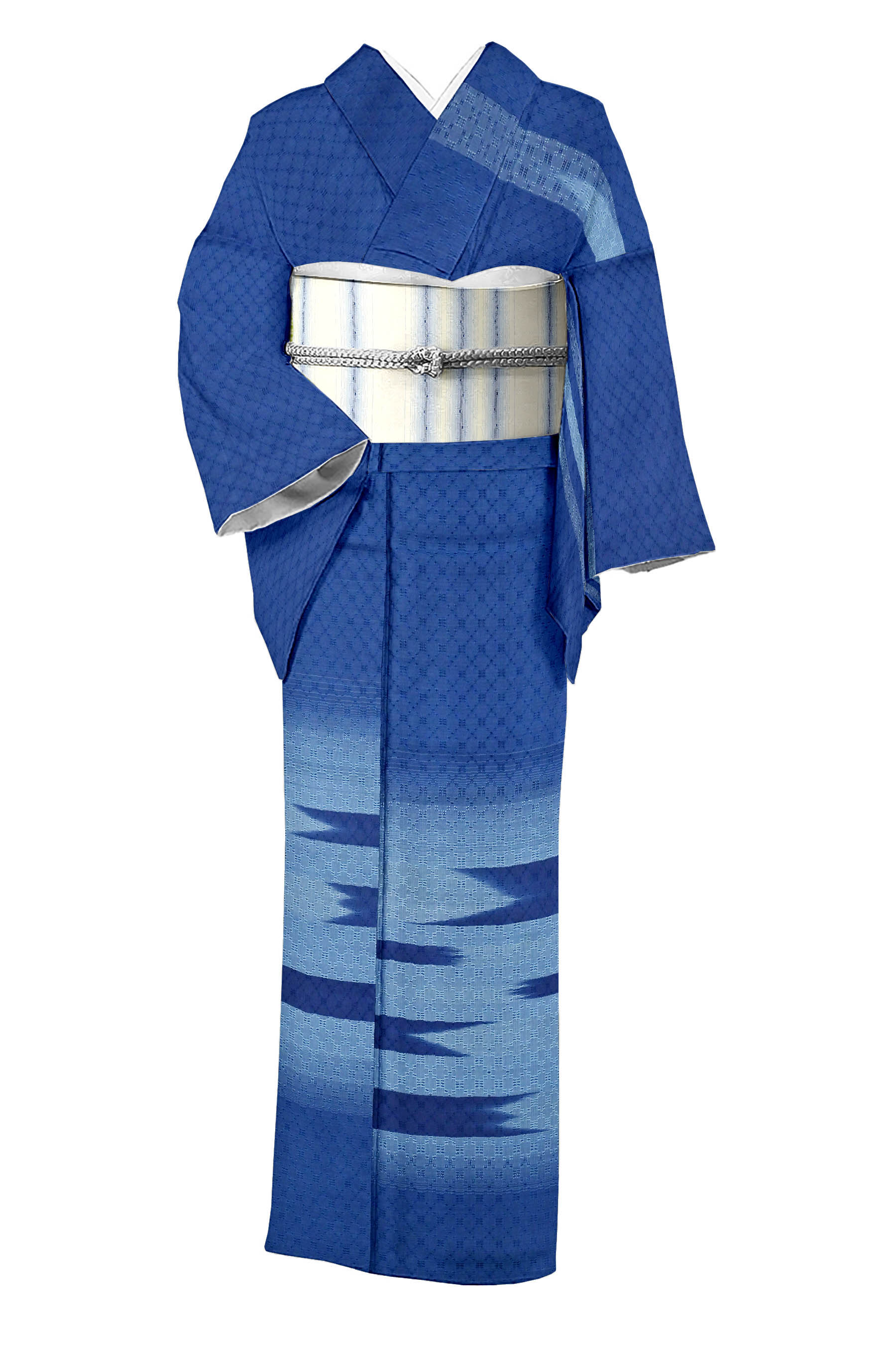6918］本藍染 紬 美品 未使用 型染 風景花文様 逸品 正絹 着物 袷
