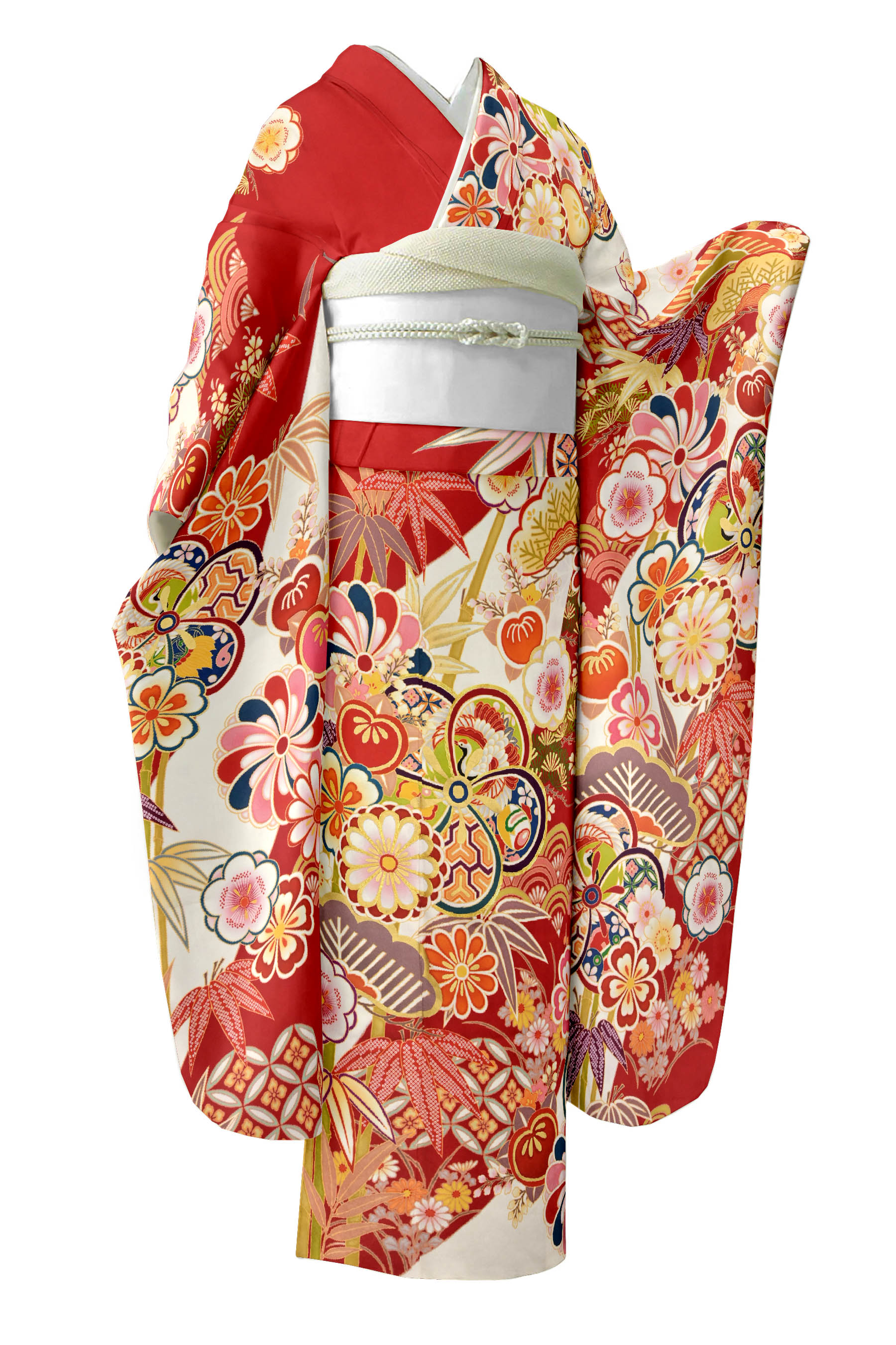 ブランド雑貨総合 朱赤に華やかな金彩 落款 振袖セット 四季の花々 