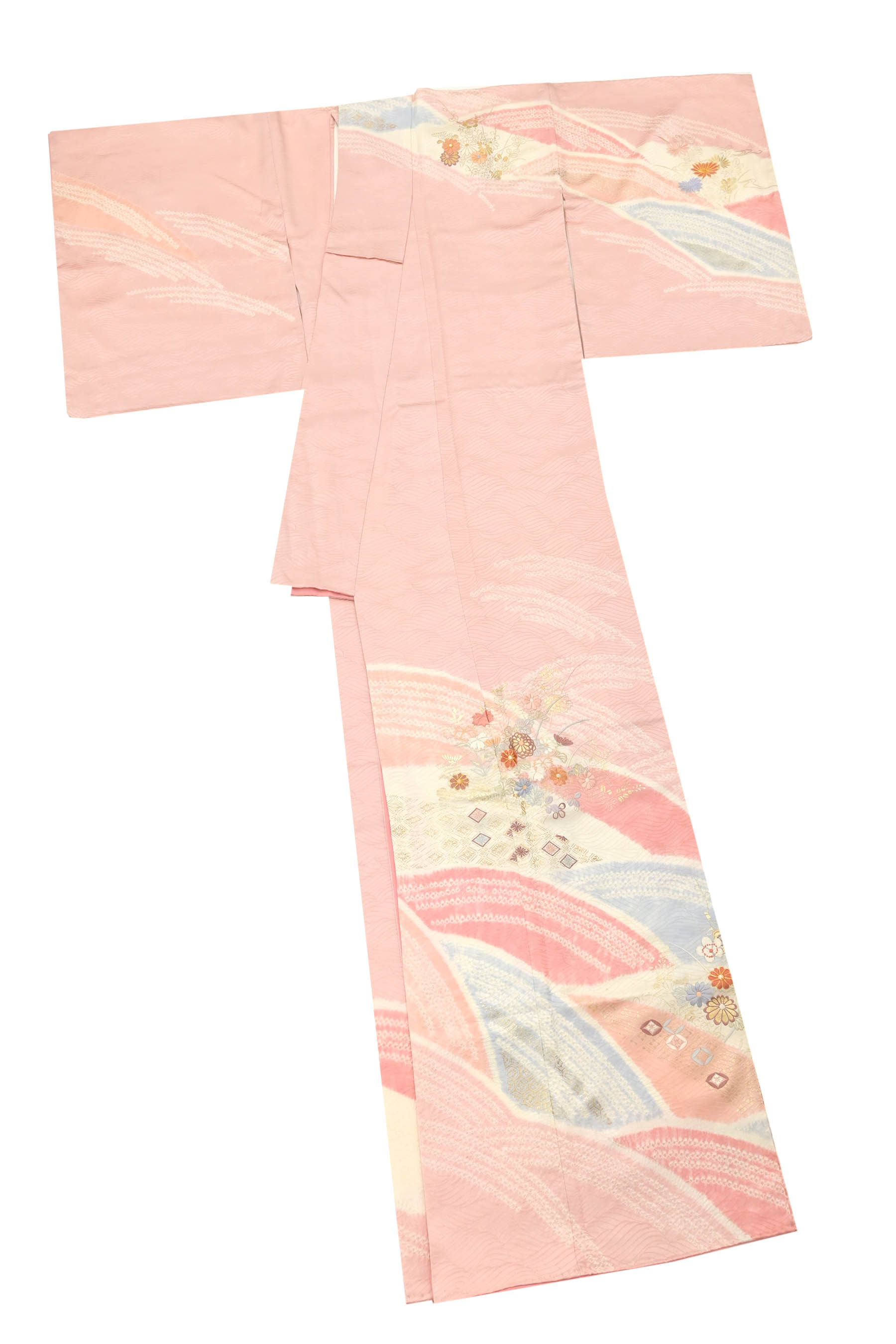 【京の名門染匠・千總(ちそう)】 (仕立て上がり・中古美品) 特選京友禅手絞手刺繍訪問着 「青海襲草花紋」 ☆贅沢加工の逸品をお手元で… 身丈164 裄66.3