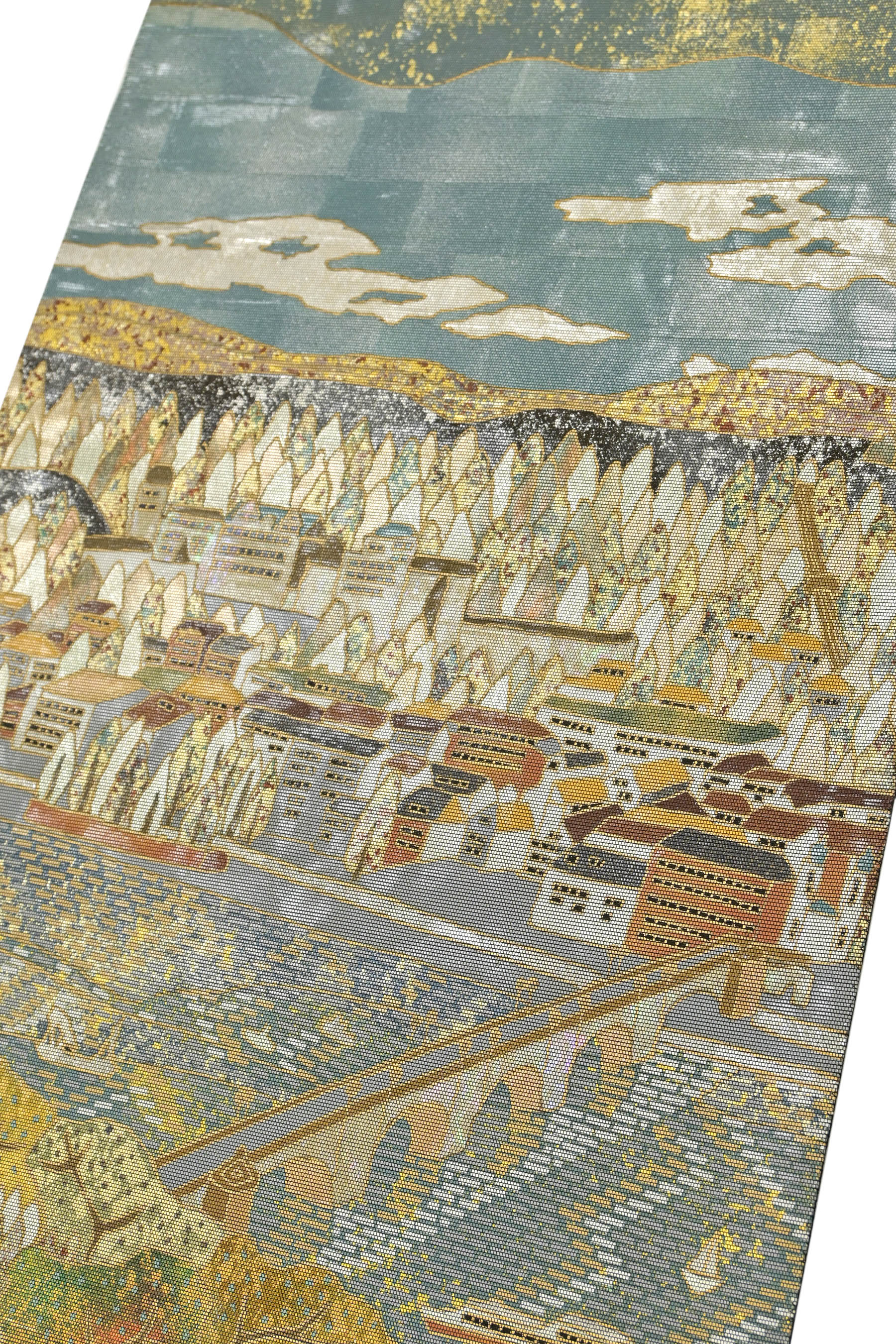 【螺鈿工芸士　岡島良山】 特選創作引箔袋帯 螺鈿箔 山下清作品集図案 ≪御仕立て上がり・中古美品≫ 「ハイデルベルクの古城」  キラリ、螺鈿箔のアクセント 個性的なデザイン！