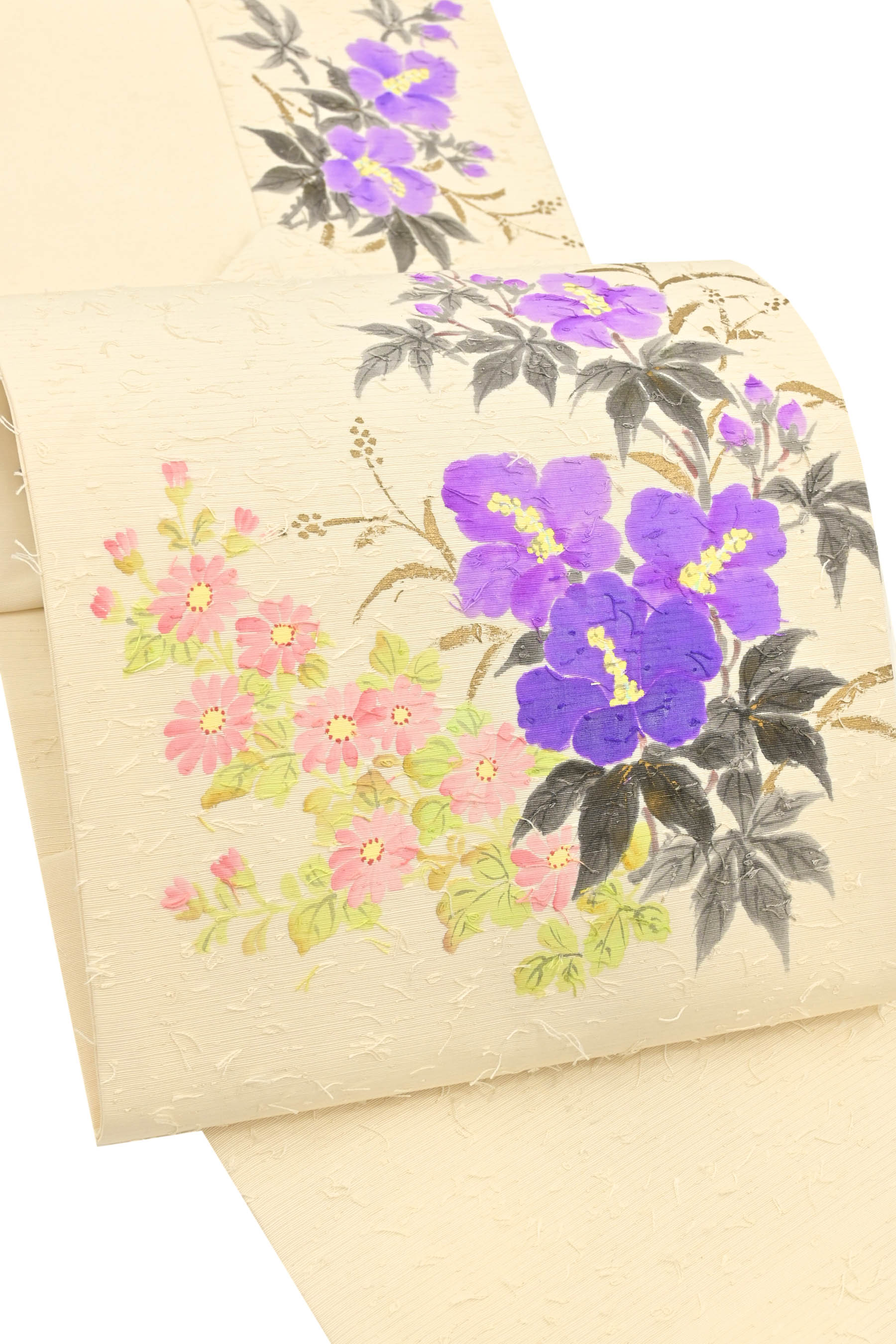 作家物 名古屋帯 ひげ紬 墨書き 美しい花模様 九寸 正絹 着物 RO