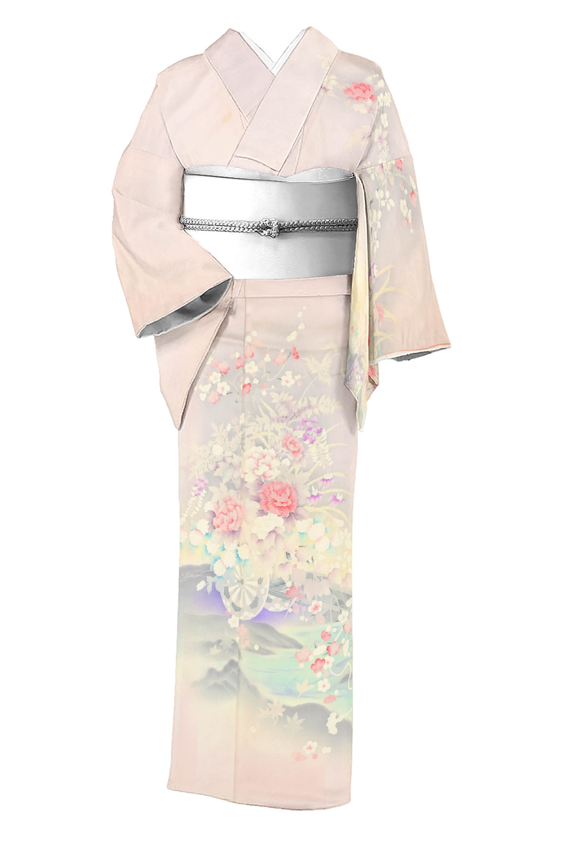 藤色に灰紫の菱がさざめくアンティークの正絹単衣の夏着物です