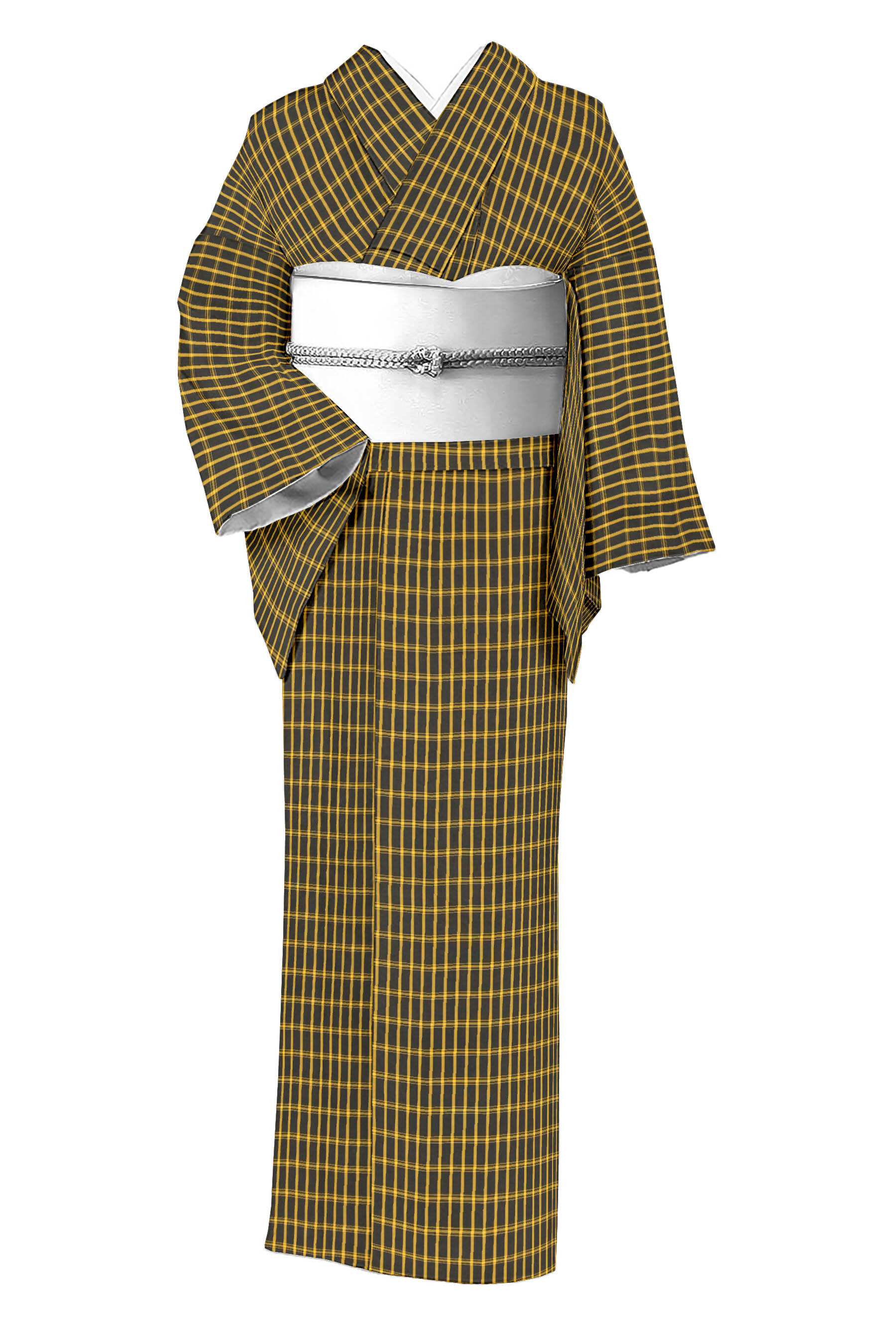 手織り正絹 黄八丈 粋横縞 半幅帯 - 浴衣/水着