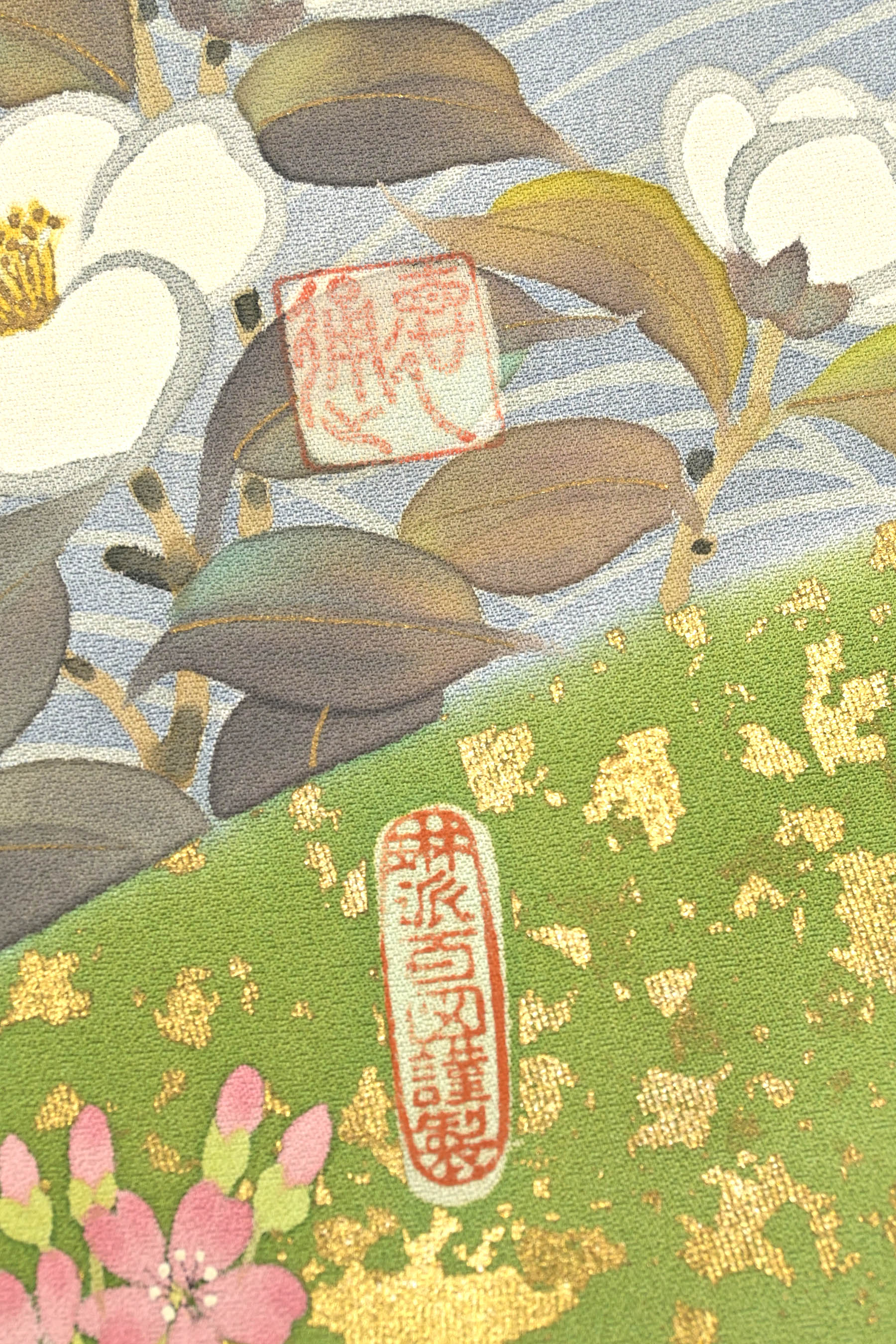 新品 手描き友禅 落款 牡丹 着物“華を伝える”仕付糸付 作家物