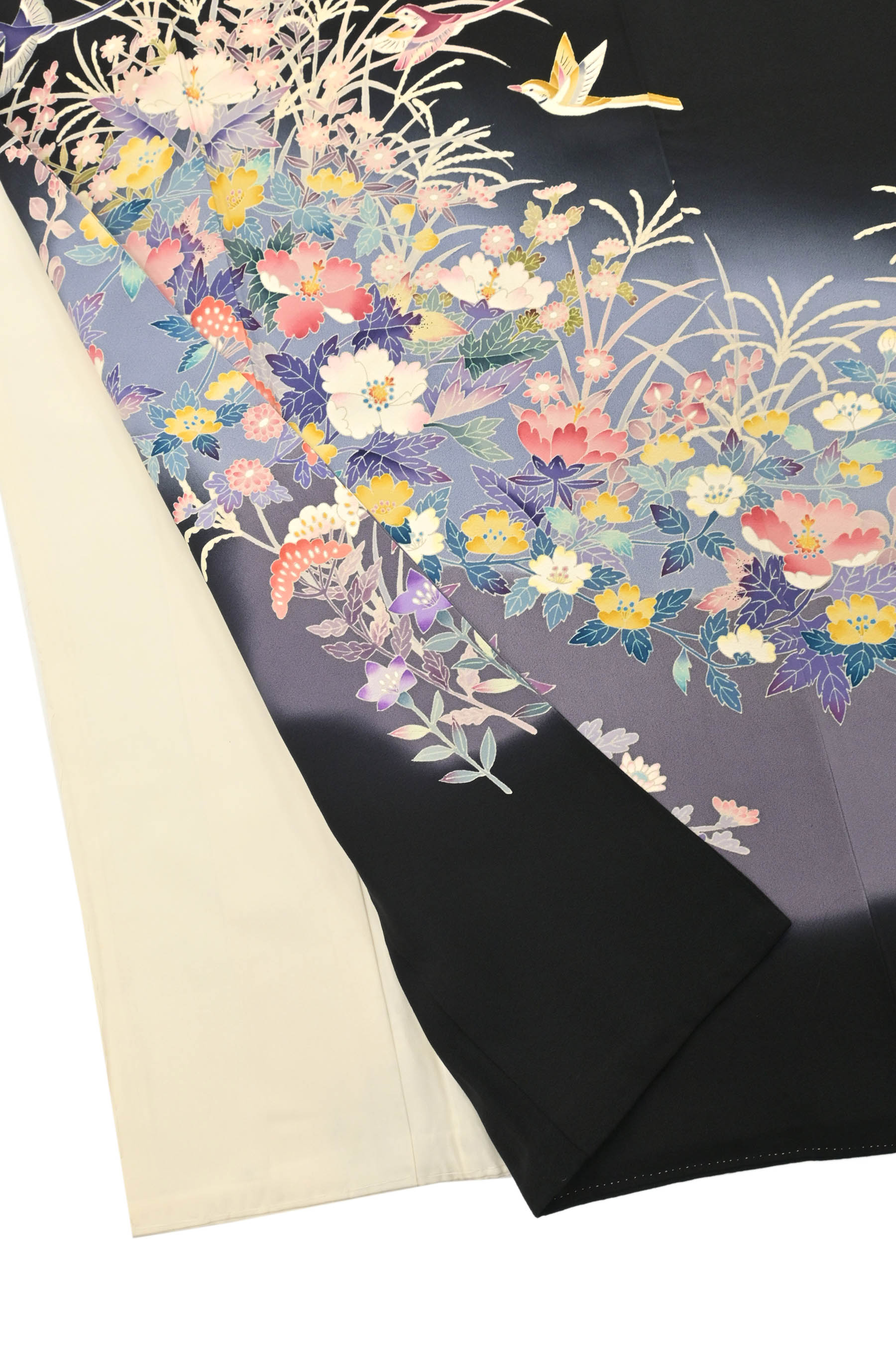 本加賀友禅 長羽織 羽織 手描友禅 黒地 清々し 菊水 ぼかし 正絹 b1015