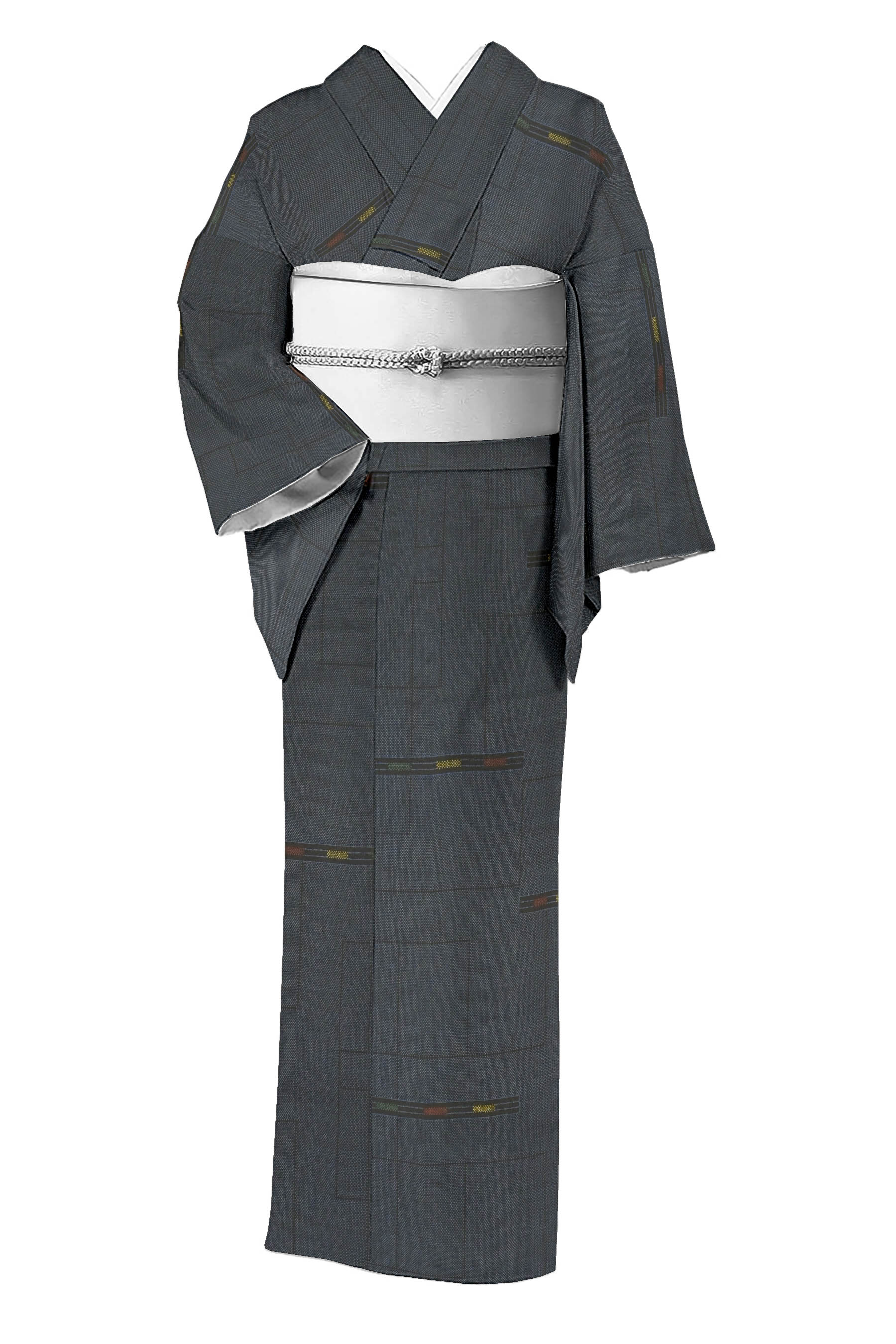 未使用品 本場大島紬 7マルキ 薄い灰水色 日本家屋 身丈160.0cm 正絹 絹100％ 本場大島紬 縦横絣7マルキ 中古品