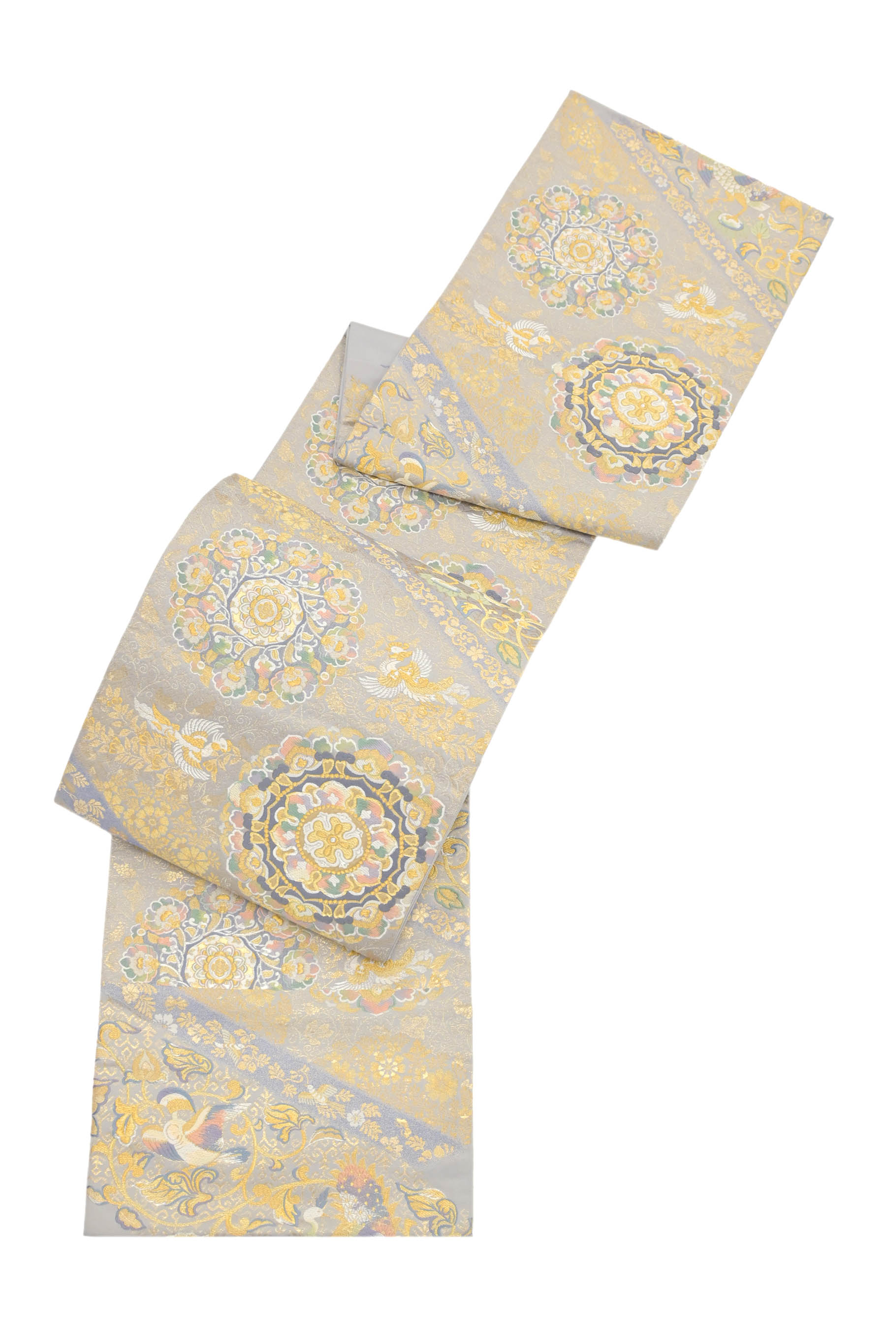 入荷now 安全 金糸 西陣 京都 袋帯 金 中古 上質 白ベージュ 正倉院鏡裏花文 着物・浴衣