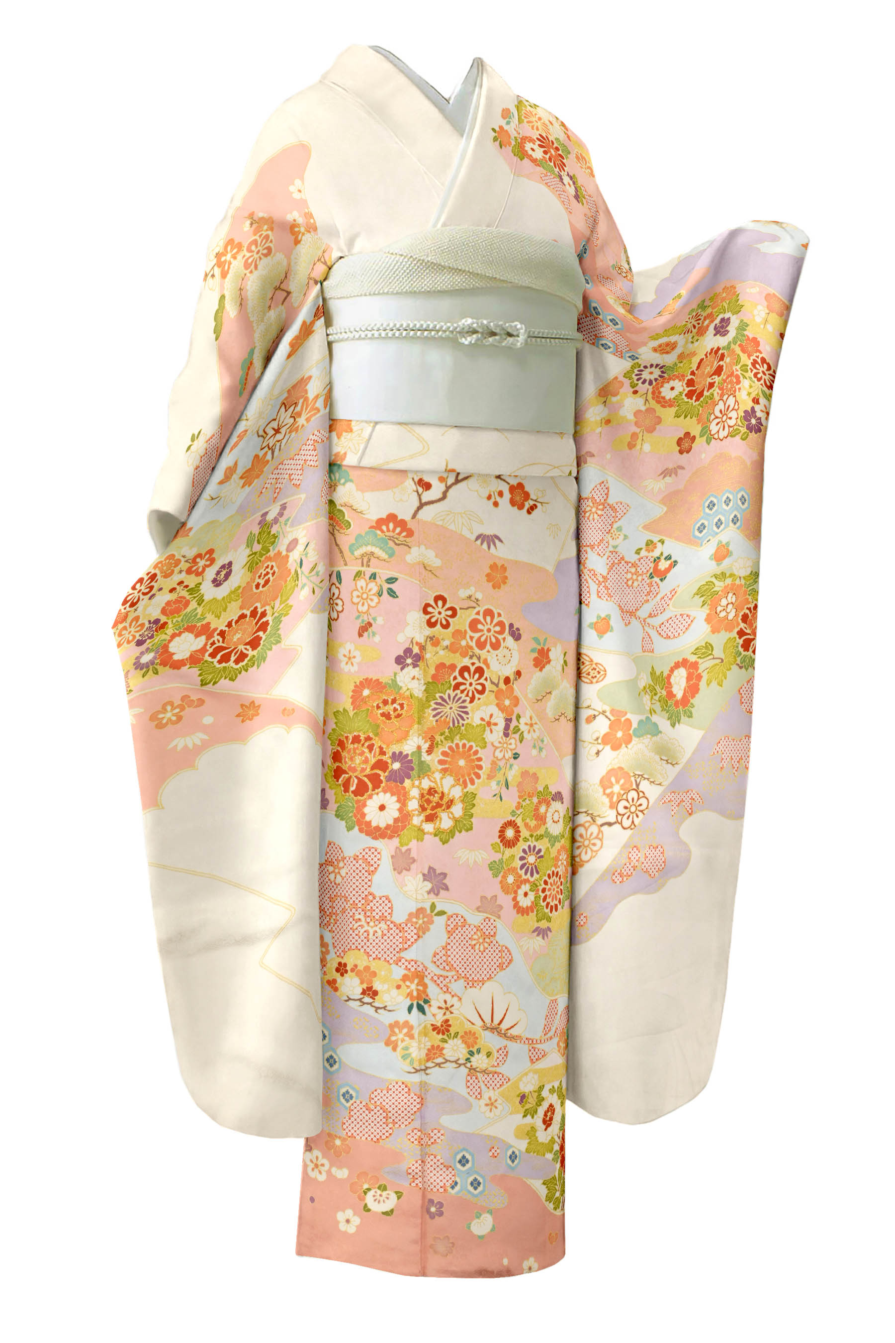 【即納！最大半額！】 振袖中古お仕立て済みお仕立て上がり可憐な花々白色 着物・浴衣