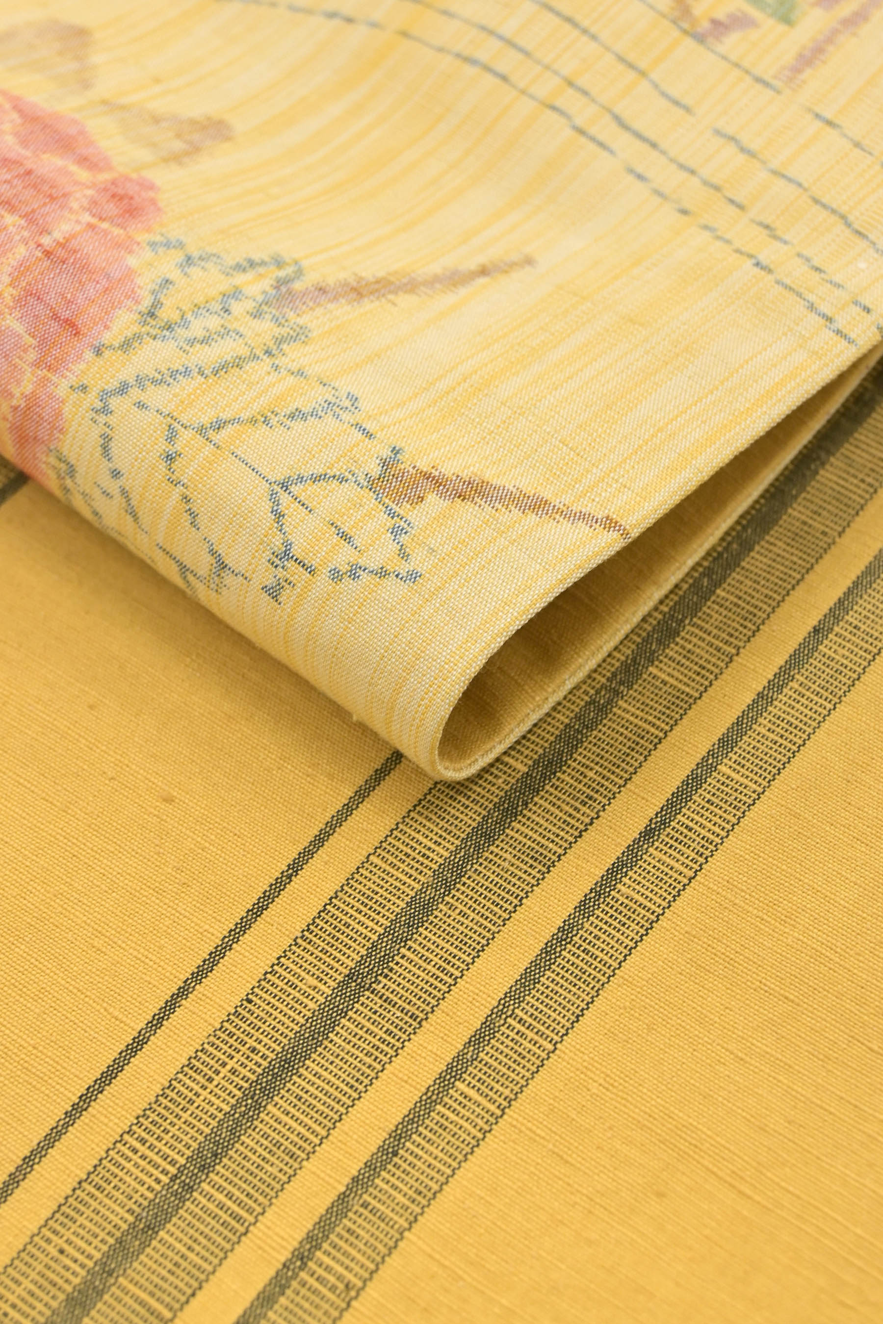 お仕立て上がり・中古美品】創作全通紬両面袋帯 「草花紋/縞献上