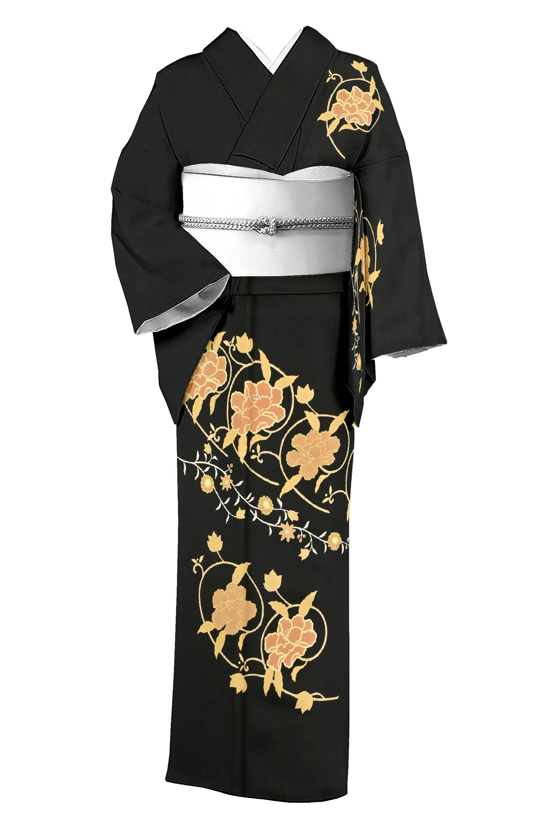 【売れ筋】 新品【御仕立上】正絹染め袷小紋黒地に華模様 着物・浴衣
