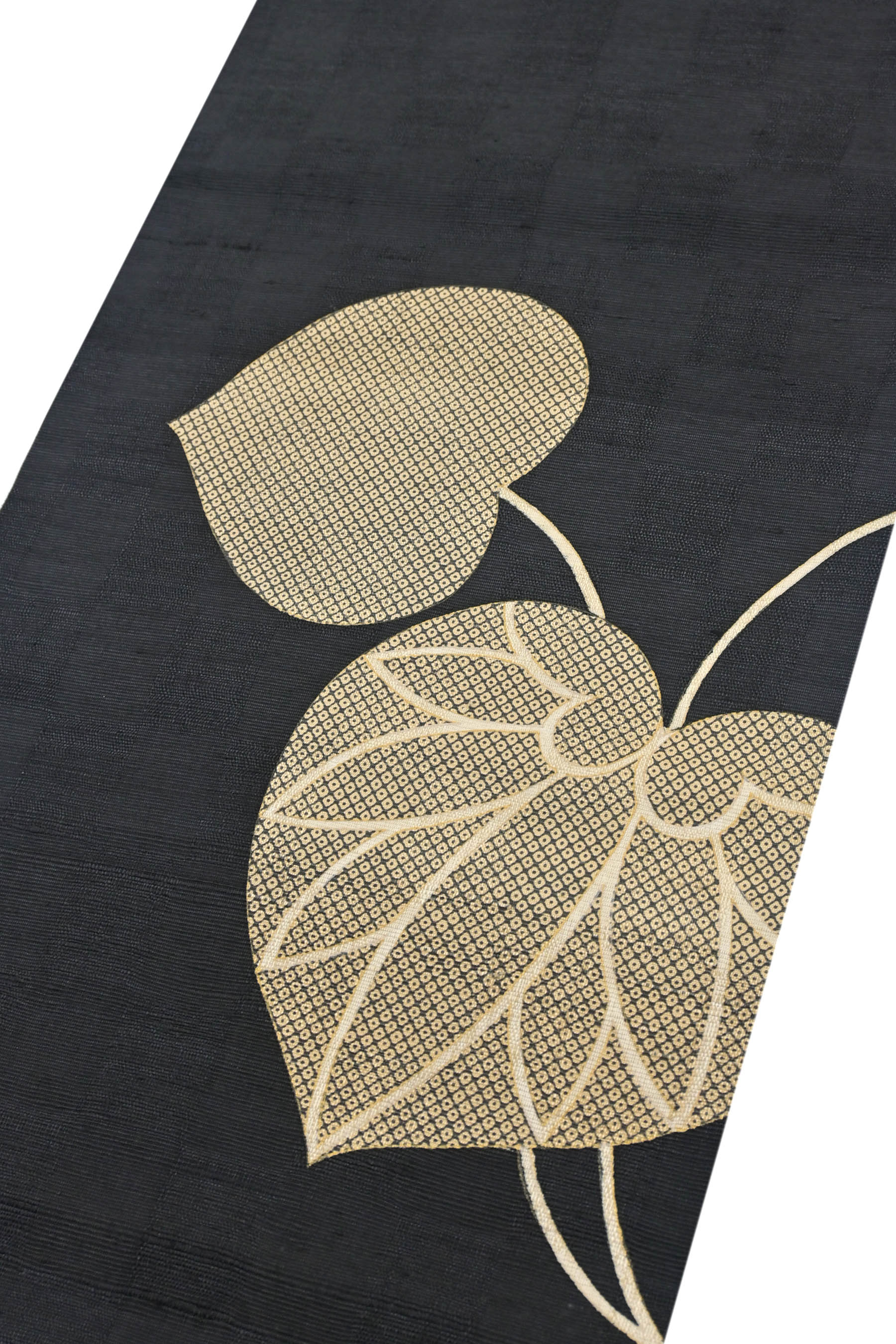 美品】名古屋帯 友禅 千鳥 疋田 植物文 竪絽 横絽 市松 黒 単衣