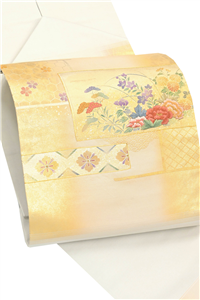 お仕立て上がり・中古美品】 正絹刺繍九寸名古屋帯 「草花屏風文様 
