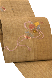 正絹手刺繍紬地九寸名古屋帯 ≪御仕立て上がり・中古美品≫ 「花