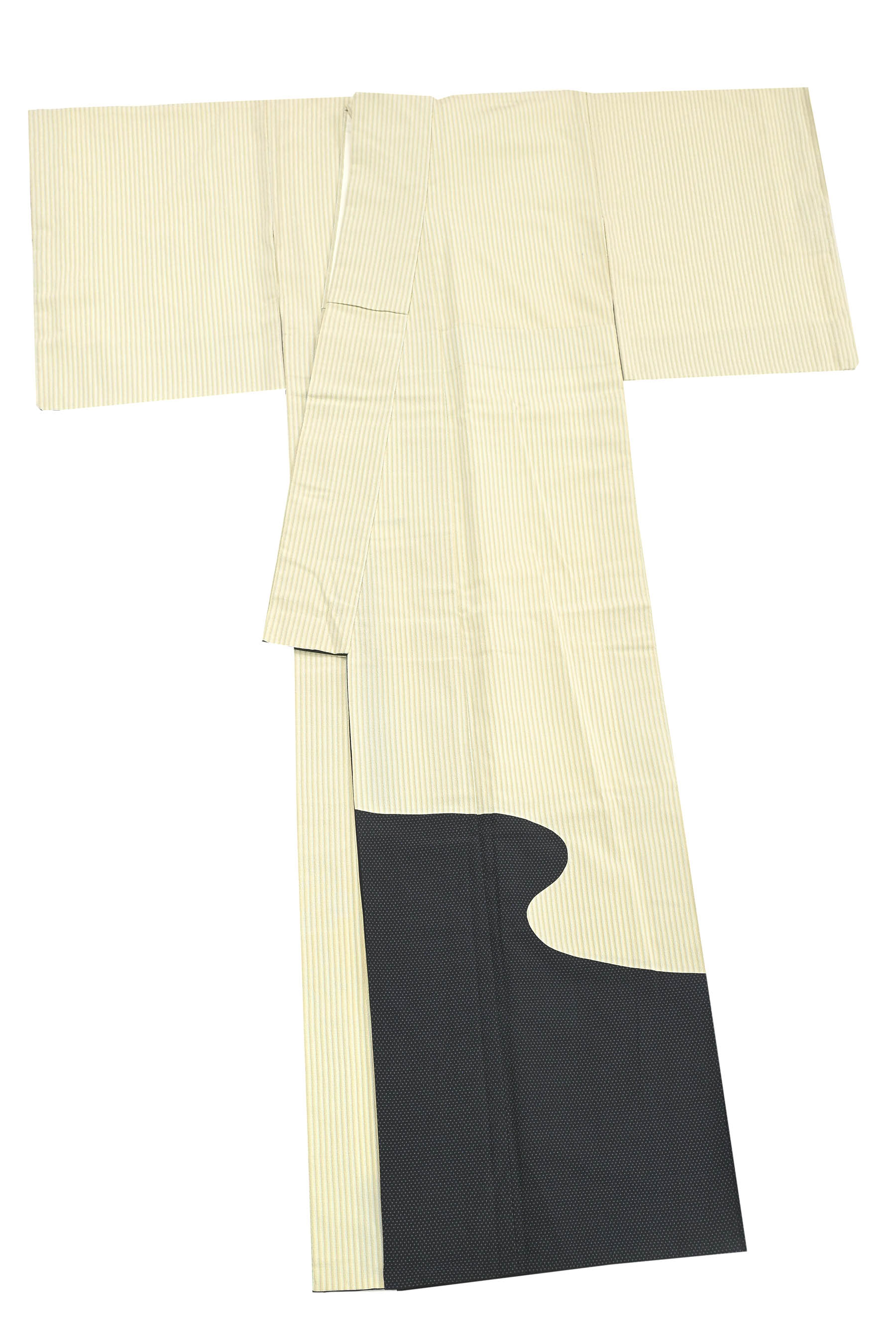 単衣　お召　裄65 未使用品　縞　浅黄色　正絹　美品　ひとえ【Ｈ１ お仕立て上がり・中古美品】 創作お召切嵌訪問着 「縞に霞」 優雅な